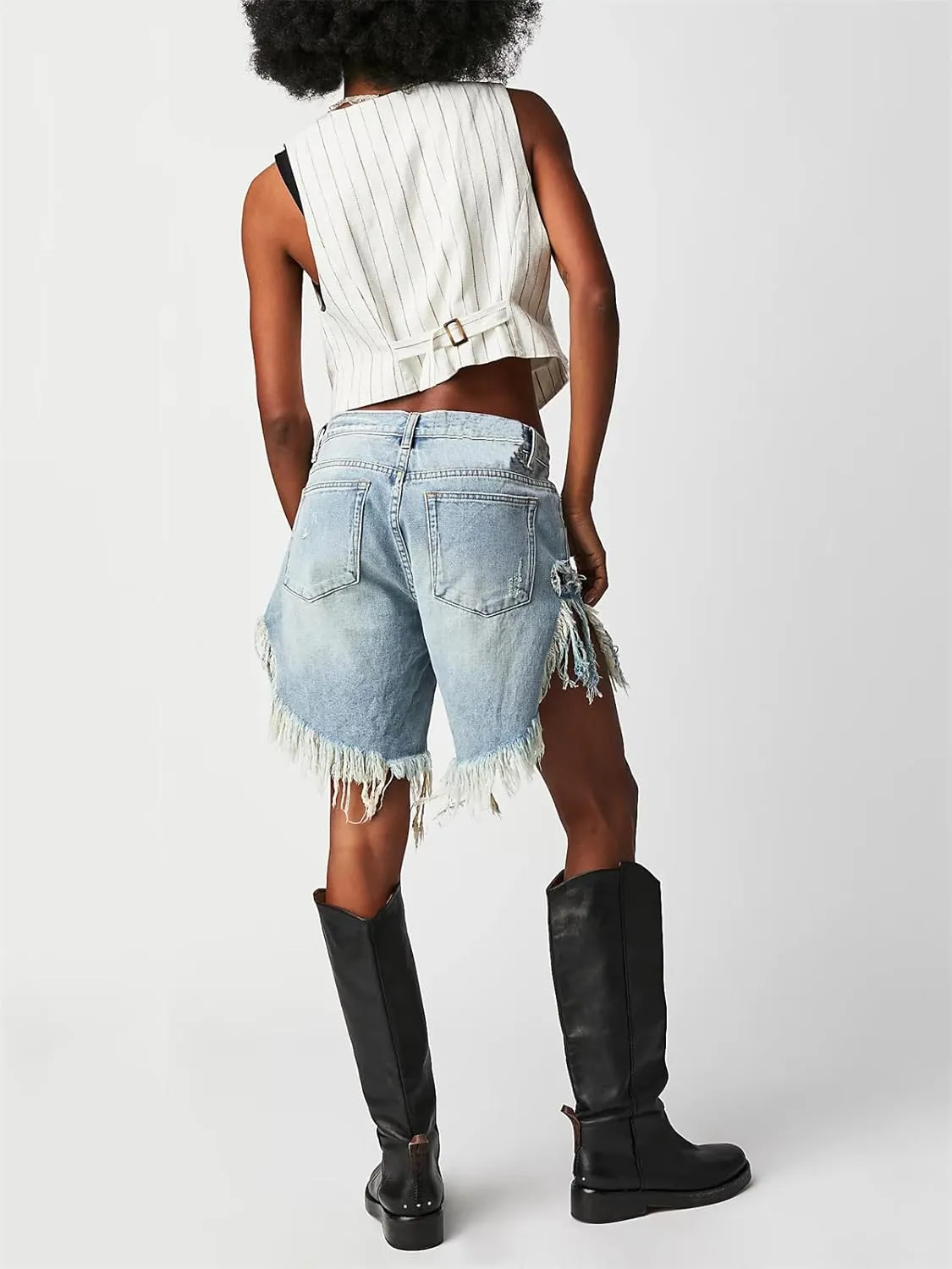 Women Ripped Long Jean Shorts Sexy High Waist Distressed Hem Mid Thigh Denim Shorts Y2k Frayed Summer Hot Jorts Pants