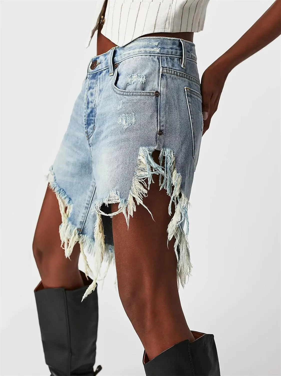 Women Ripped Long Jean Shorts Sexy High Waist Distressed Hem Mid Thigh Denim Shorts Y2k Frayed Summer Hot Jorts Pants