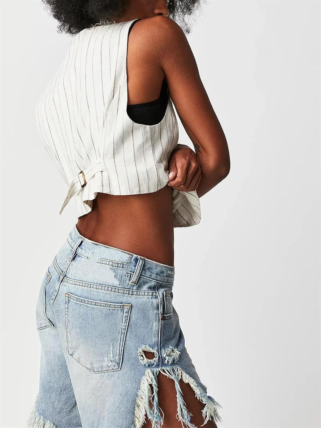 Women Ripped Long Jean Shorts Sexy High Waist Distressed Hem Mid Thigh Denim Shorts Y2k Frayed Summer Hot Jorts Pants