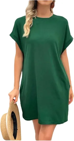 Women Simple Round Neck Solid Color Dress Summer Comfortable Loose T-Shirt Dress