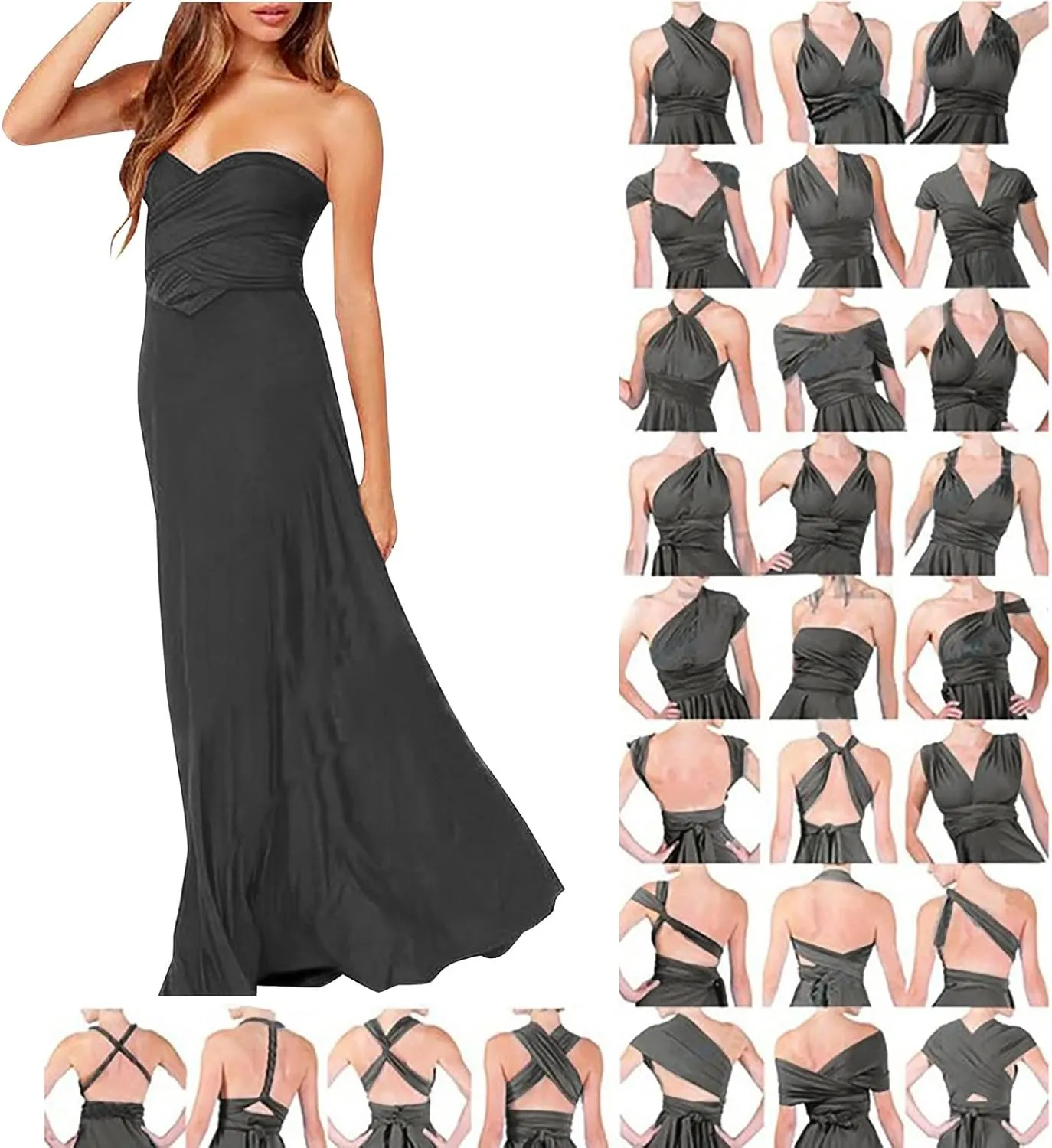 Women Strapless Tube Top Dress Summer Smocked Flowy Midi Wedding Guest Long Maxi Dress Convertible Multiway Outfits