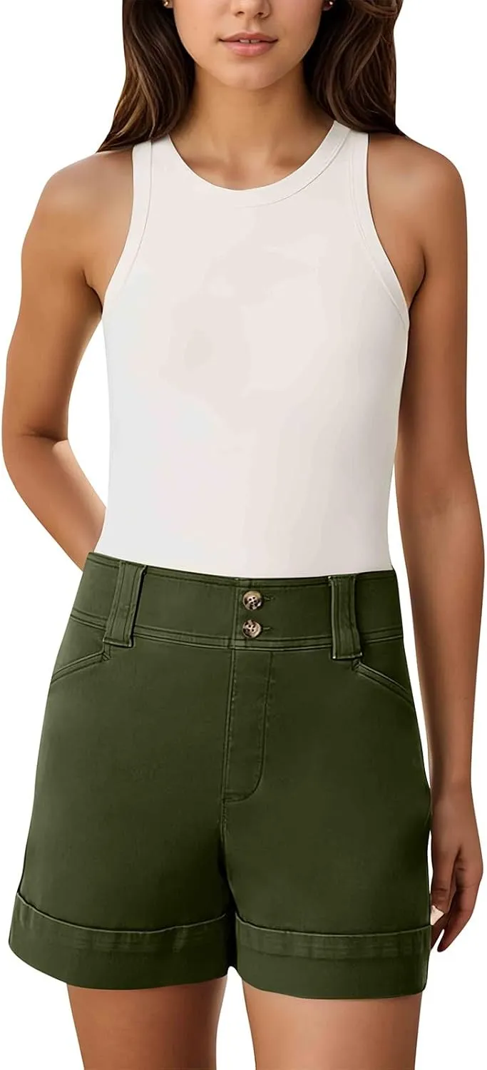 Women Stretch Twill Shorts Casual High Waisted Summer Shorts Folded Hem Chino Shorts Bermuda Shorts with Pockets