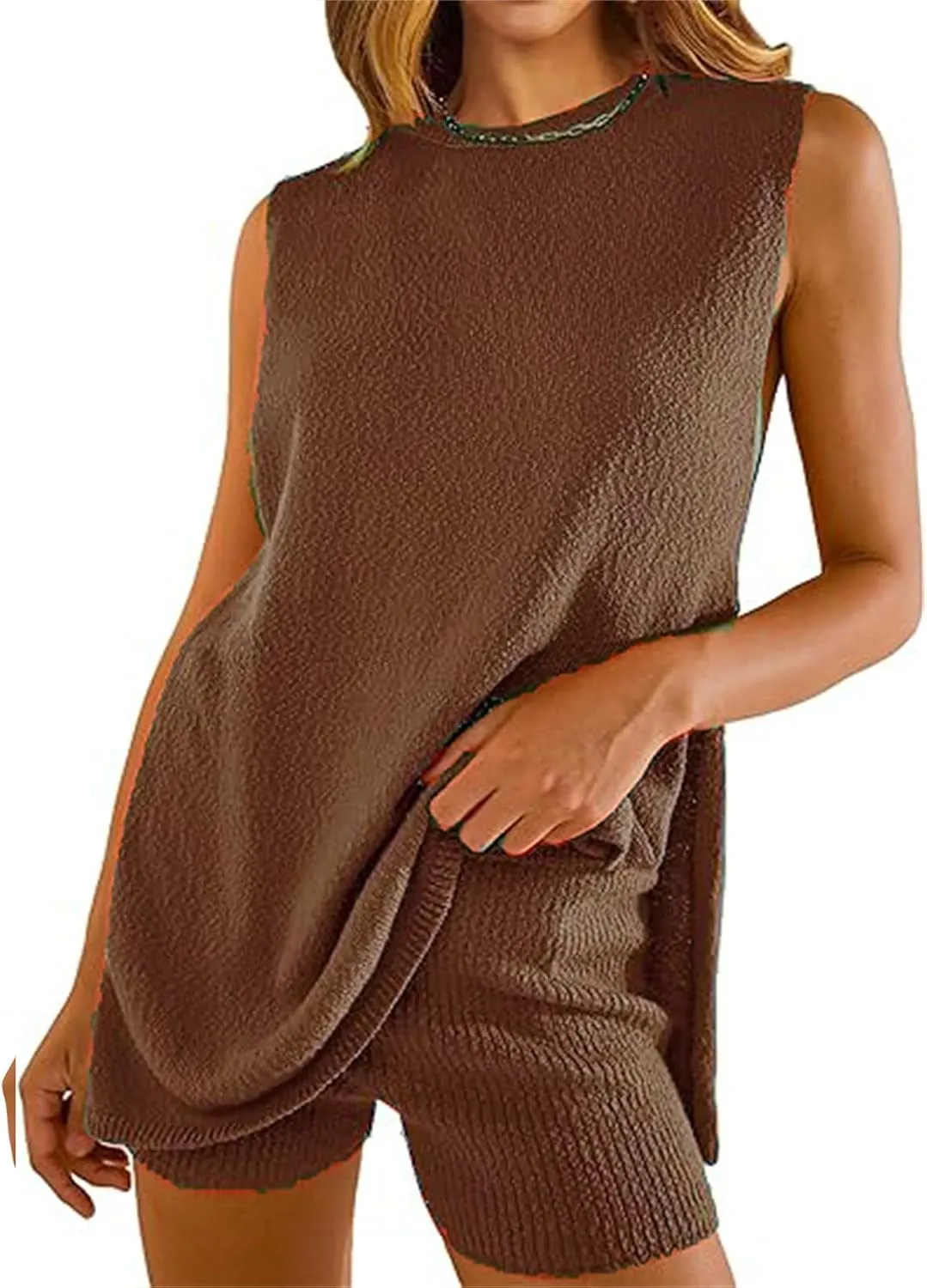 Women Summer 2 Piece Outfits Sleeveless Knit Sweater Tank Top Matching Shorts Lounge Set Beach Vacation Outfits