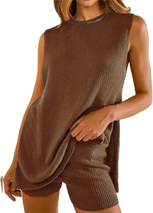 Women Summer 2 Piece Outfits Sleeveless Knit Sweater Tank Top Matching Shorts Lounge Set Beach Vacation Outfits