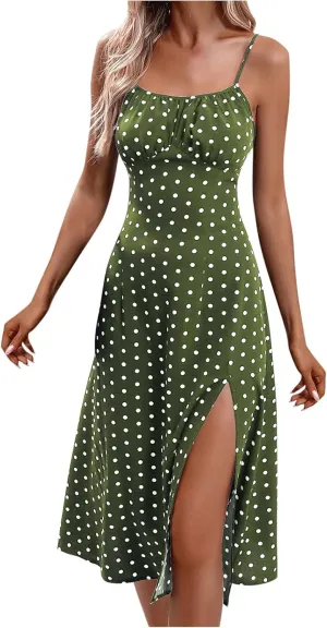 Women Summer Ditsy Floral Print Sexy Sundresses Spaghetti Strap Polka Dot Boho Dress Flowy Side Split Midi Dresses