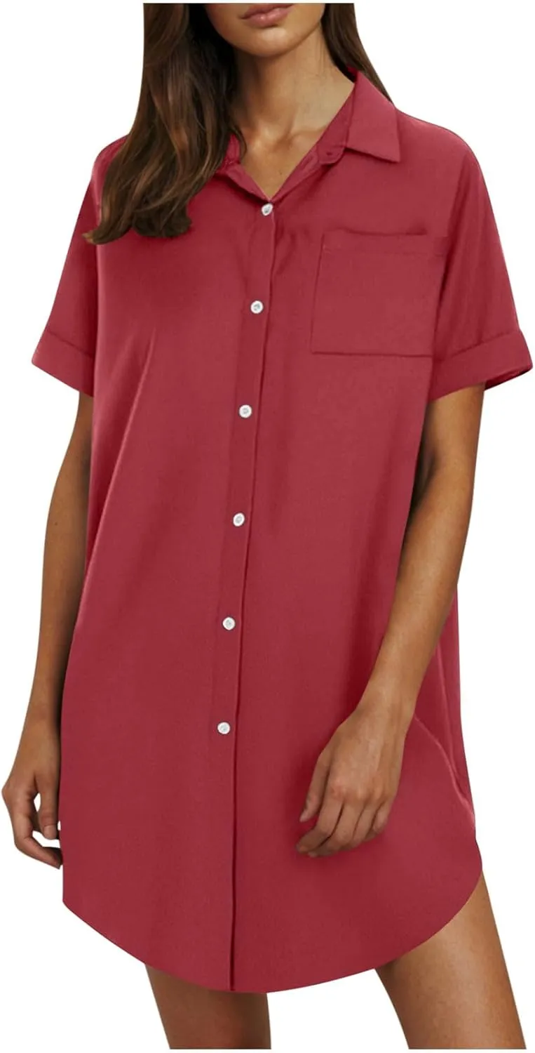 Women Summer Dress Cotton Linen Shirt Dresses Button Down Tunic Beach Cover Up Sundress Solid Lapel Baggy Dresses