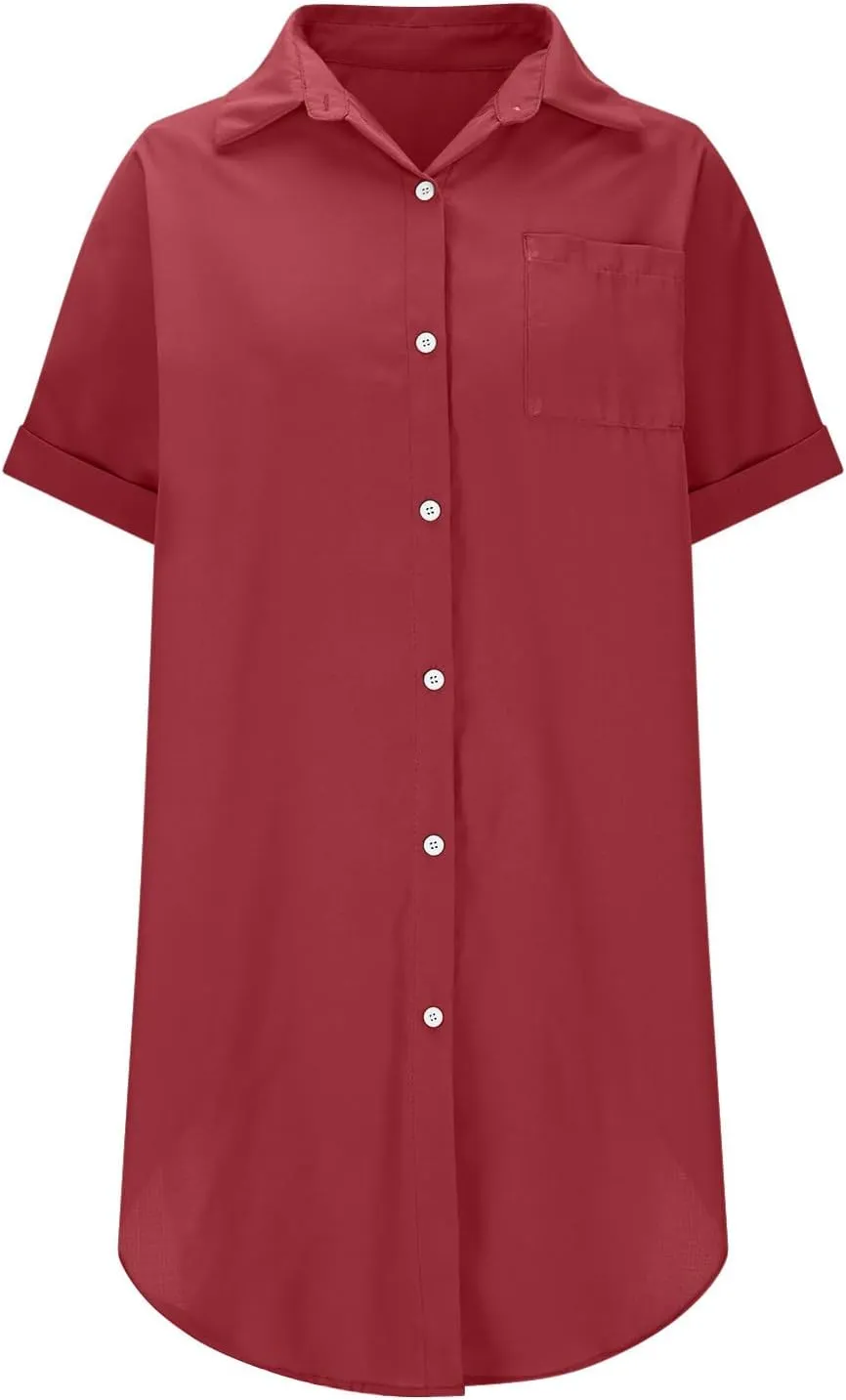 Women Summer Dress Cotton Linen Shirt Dresses Button Down Tunic Beach Cover Up Sundress Solid Lapel Baggy Dresses