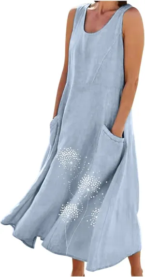 Women Summer Linen Dresses Casual Long Sun Dress Comfy Floral Maxi Dresses Trendy Summer Beach Outfits with Pocket