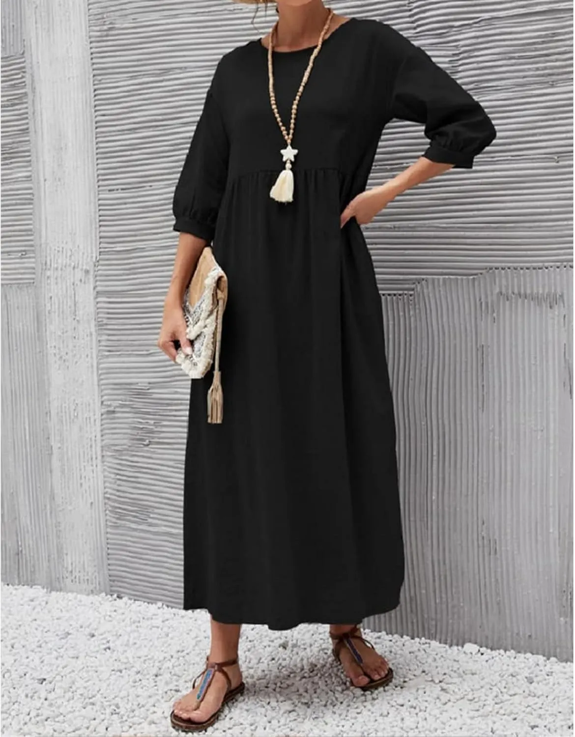 Women Summer Maxi Dress Cotton Linen Casual Comfy Crew Neck Half Sleeve Sundress Loose Solid Beach Dress with Pockets