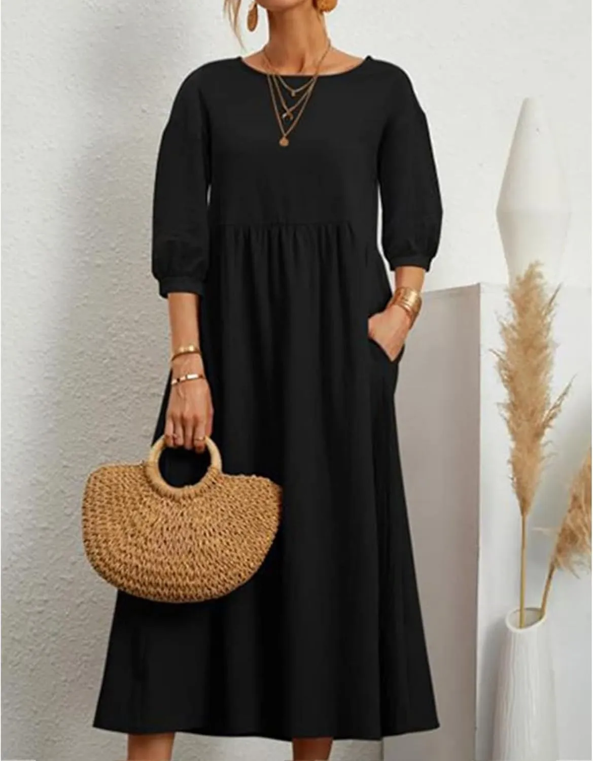 Women Summer Maxi Dress Cotton Linen Casual Comfy Crew Neck Half Sleeve Sundress Loose Solid Beach Dress with Pockets