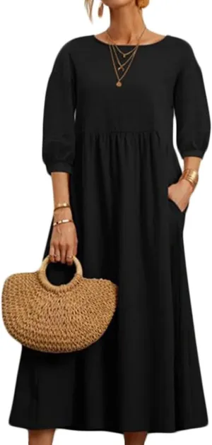 Women Summer Maxi Dress Cotton Linen Casual Comfy Crew Neck Half Sleeve Sundress Loose Solid Beach Dress with Pockets