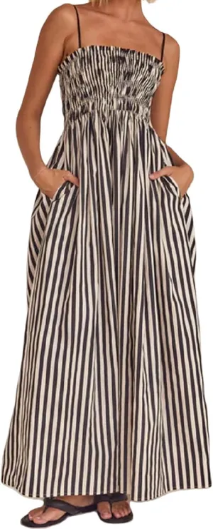 Women Summer Maxi Dress Striped Sleeveless Strap Cutout Backless Long Flowy A-Line Sundress Beach Boho Maxi Dress