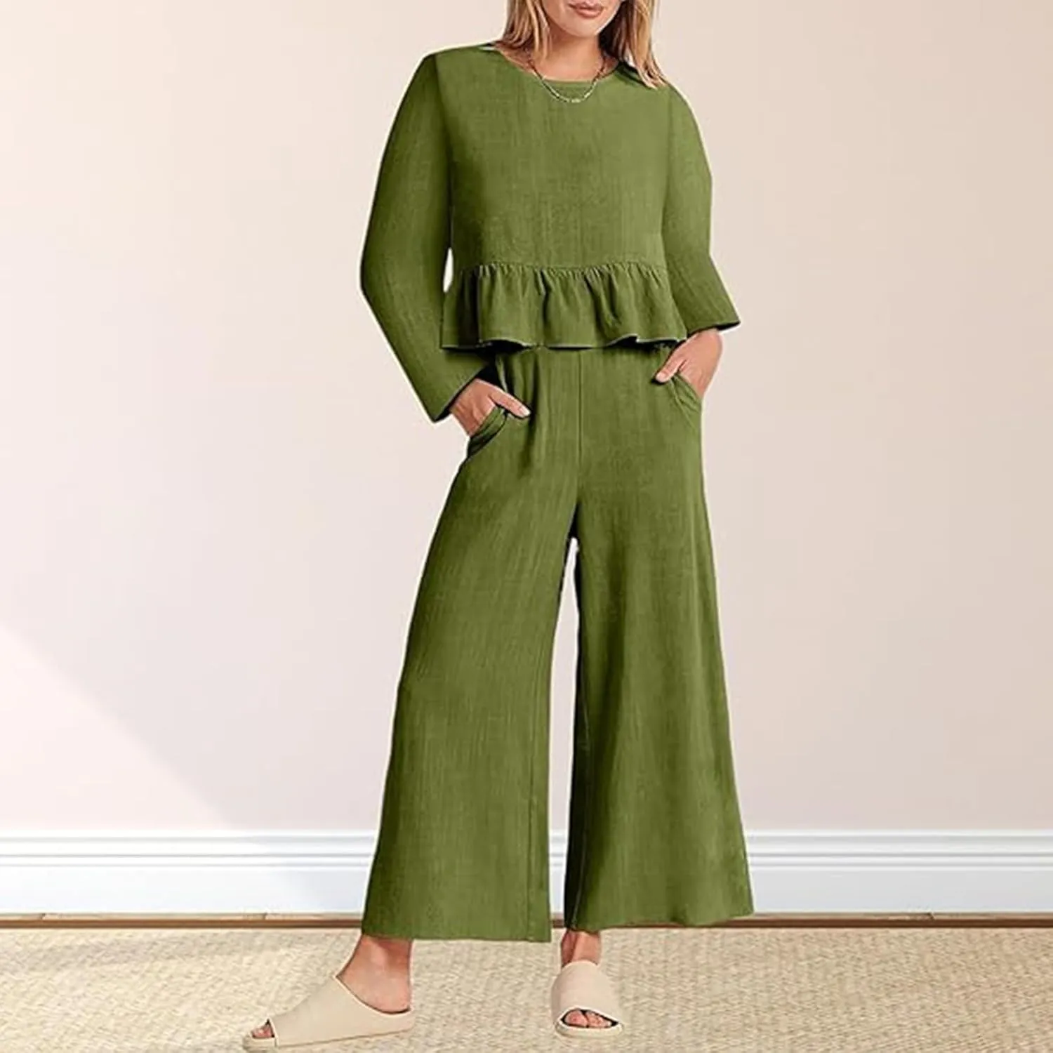 Womens 2 Piece Linen Set Summer Long Sleeve Ruffle Hem Tops and Wide Leg Pants Dressy Casual Comfy Sets
