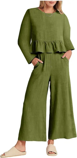 Womens 2 Piece Linen Set Summer Long Sleeve Ruffle Hem Tops and Wide Leg Pants Dressy Casual Comfy Sets