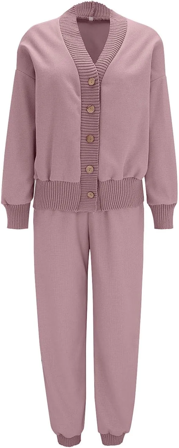 Womens 2 Piece Lounge Set Elegant Long Sleeve Chunky Knit Cardigan Sweater Cuffed Jogger Sweatpants Tracksuit Outfits
