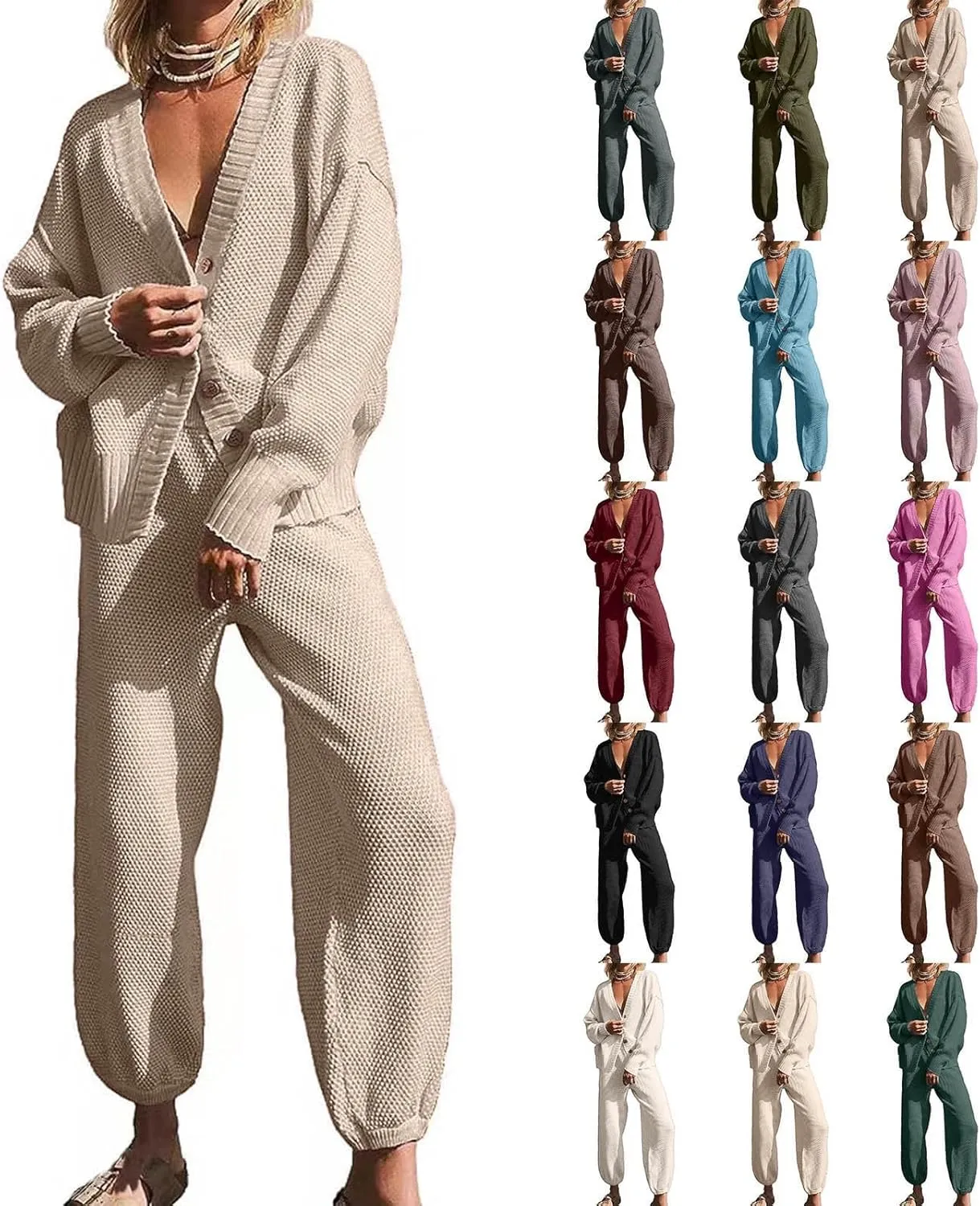 Womens 2 Piece Lounge Set Elegant Long Sleeve Chunky Knit Cardigan Sweater Cuffed Jogger Sweatpants Tracksuit Outfits