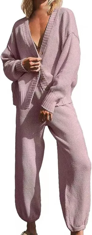 Womens 2 Piece Lounge Set Elegant Long Sleeve Chunky Knit Cardigan Sweater Cuffed Jogger Sweatpants Tracksuit Outfits