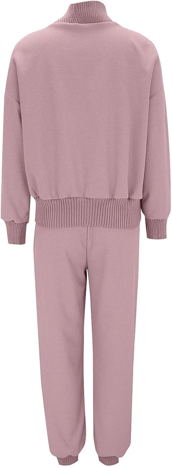 Womens 2 Piece Lounge Set Elegant Long Sleeve Chunky Knit Cardigan Sweater Cuffed Jogger Sweatpants Tracksuit Outfits