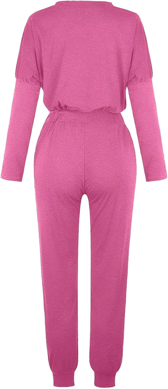 Womens 2 Piece Lounge Set Soft Loose Fit Solid Color Sweatsuits Crewneck Long Sleeve Pullovers Casual Size Tracksuit