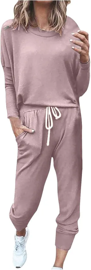 Womens 2 Piece Lounge Set Soft Loose Fit Solid Color Sweatsuits Crewneck Long Sleeve Pullovers Casual Size Tracksuit