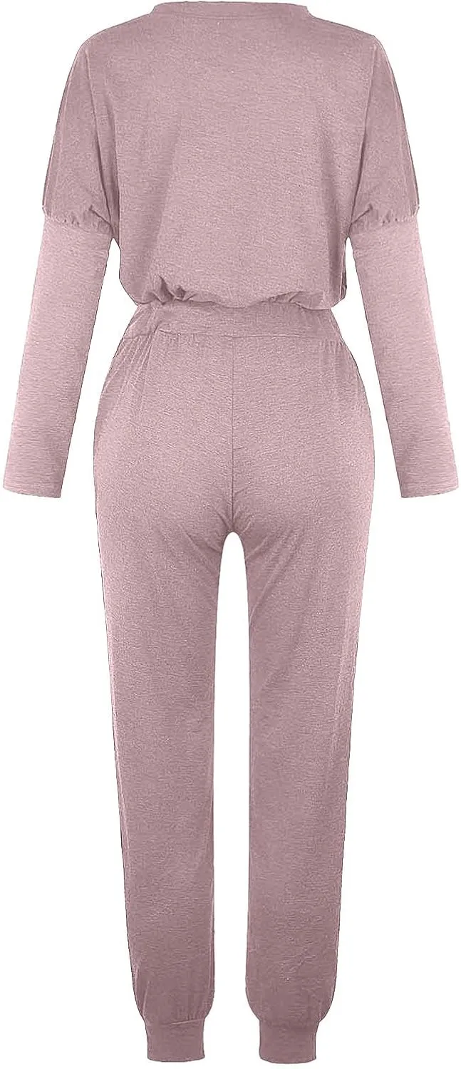 Womens 2 Piece Lounge Set Soft Loose Fit Solid Color Sweatsuits Crewneck Long Sleeve Pullovers Casual Size Tracksuit