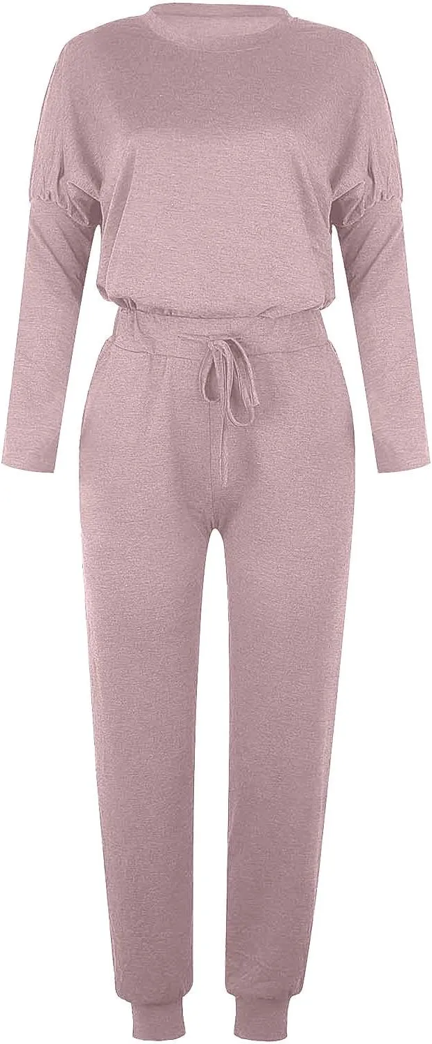 Womens 2 Piece Lounge Set Soft Loose Fit Solid Color Sweatsuits Crewneck Long Sleeve Pullovers Casual Size Tracksuit
