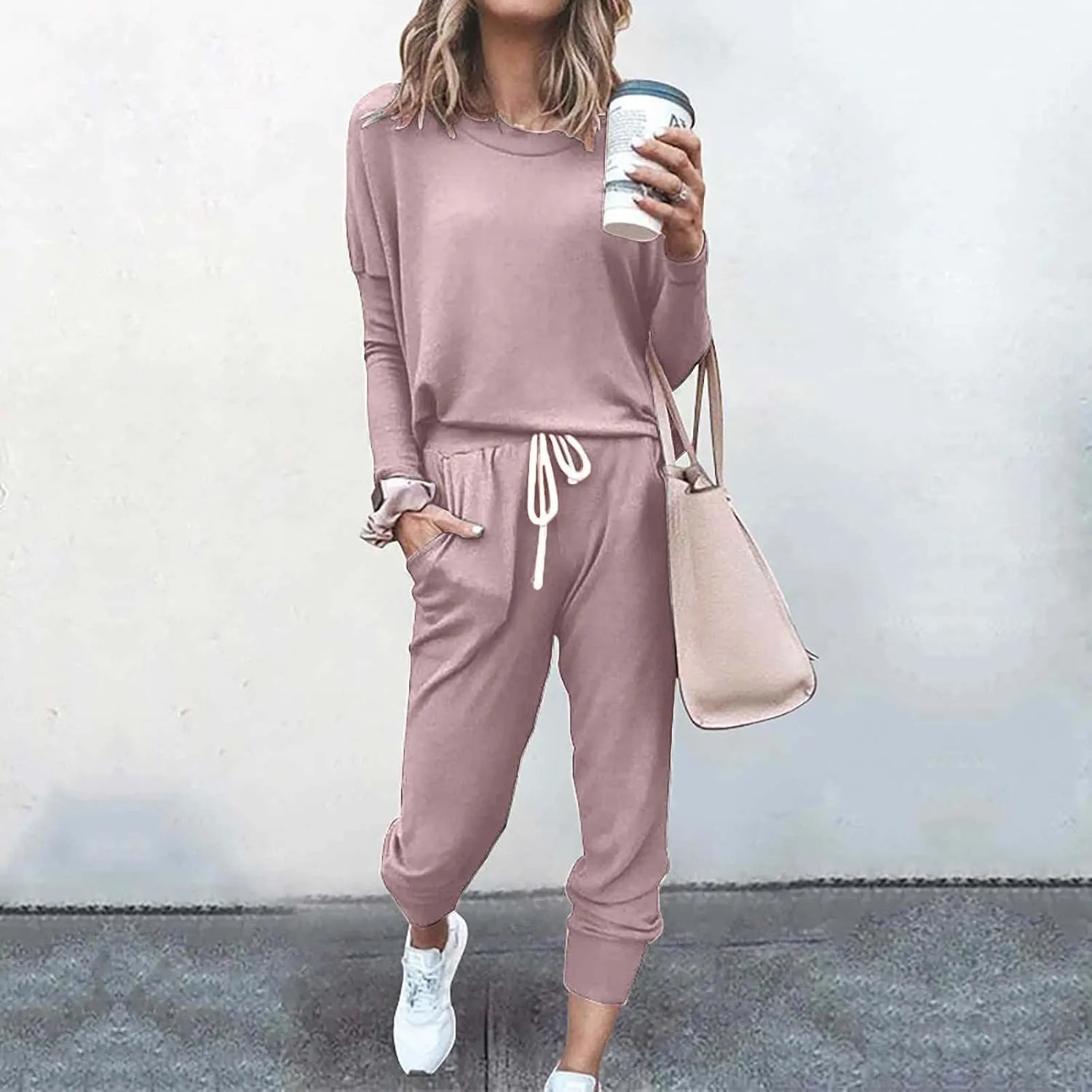 Womens 2 Piece Lounge Set Soft Loose Fit Solid Color Sweatsuits Crewneck Long Sleeve Pullovers Casual Size Tracksuit
