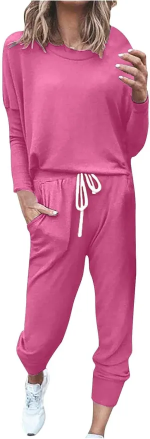 Womens 2 Piece Lounge Set Soft Loose Fit Solid Color Sweatsuits Crewneck Long Sleeve Pullovers Casual Size Tracksuit