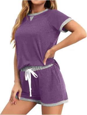 Women's 2 Piece Lounge Sets Summer Pajama Matching Outfits Short Sleeve Tops and Drawstring Shorts Soft Loungewear