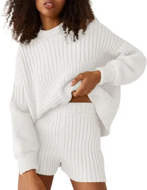 Womens 2 Piece Outfits 2023 Long Sleeve Knitted Chunky Pullover Sweater and Shorts Winter Lounge Sets