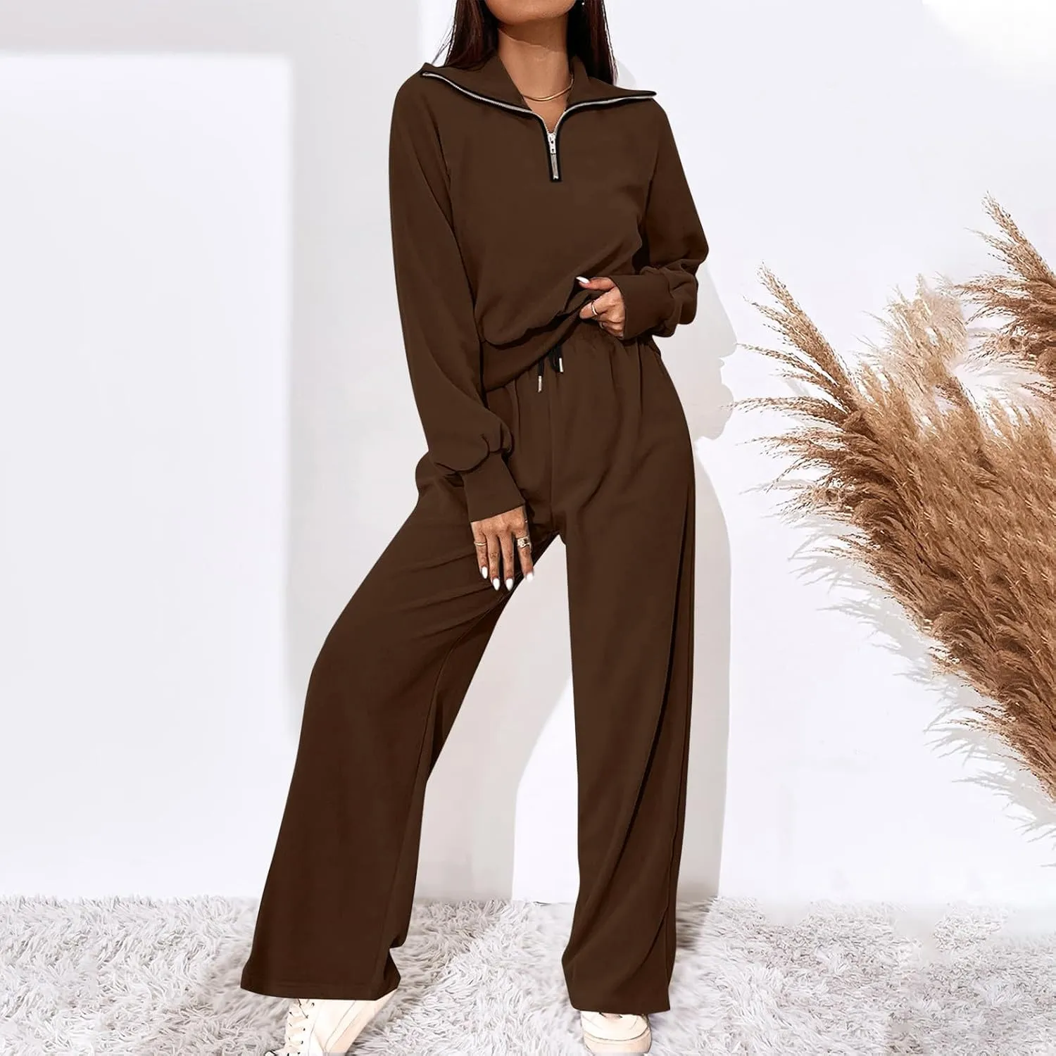 Women's 2 Piece Outfits Casual Lapel Half Zip Sweatshirts and Wide Leg Pants Tracksuit Sets Oversized Lounge Set 2025