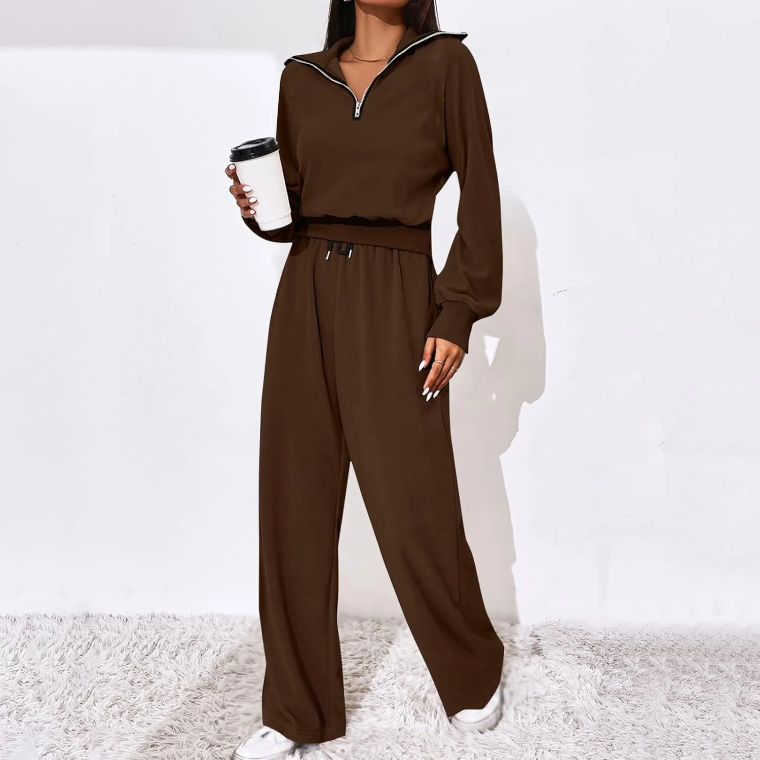Women's 2 Piece Outfits Casual Lapel Half Zip Sweatshirts and Wide Leg Pants Tracksuit Sets Oversized Lounge Set 2025