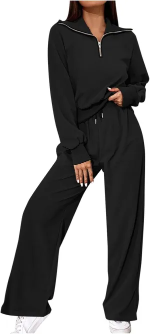 Women's 2 Piece Outfits Casual Lapel Half Zip Sweatshirts and Wide Leg Pants Tracksuit Sets Oversized Lounge Set 2025