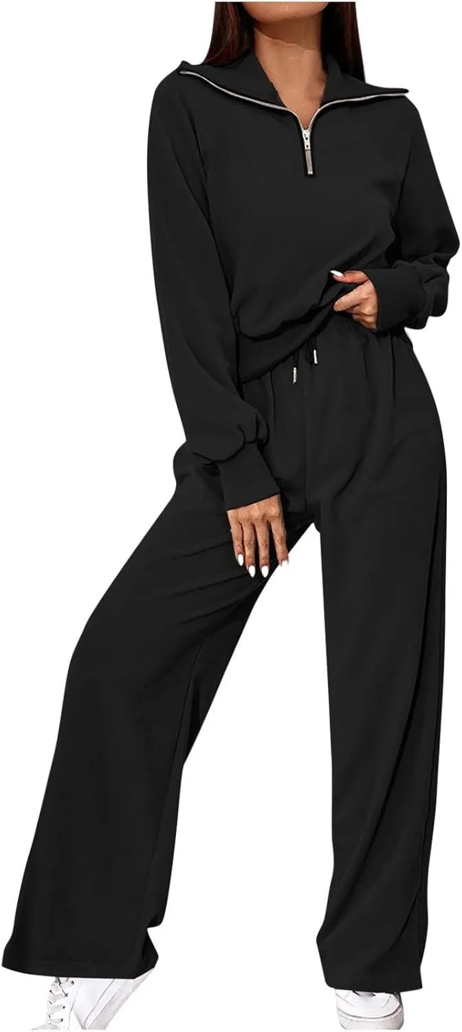 Women's 2 Piece Outfits Casual Lapel Half Zip Sweatshirts and Wide Leg Pants Tracksuit Sets Oversized Lounge Set 2025