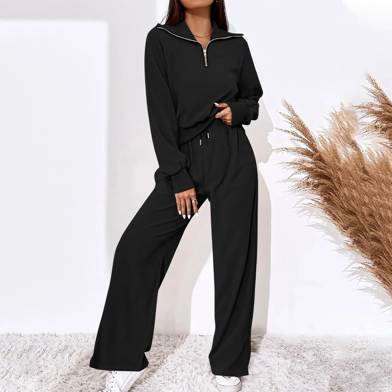 Women's 2 Piece Outfits Casual Lapel Half Zip Sweatshirts and Wide Leg Pants Tracksuit Sets Oversized Lounge Set 2025