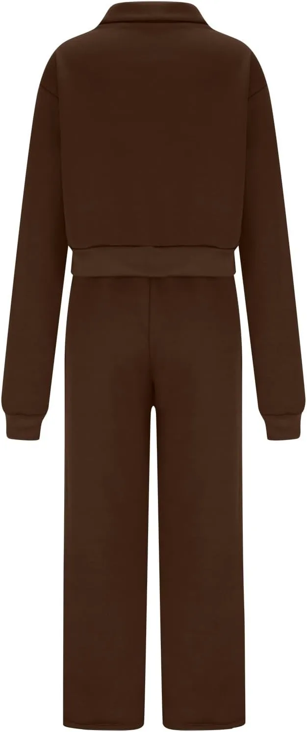 Women's 2 Piece Outfits Casual Lapel Half Zip Sweatshirts and Wide Leg Pants Tracksuit Sets Oversized Lounge Set 2025
