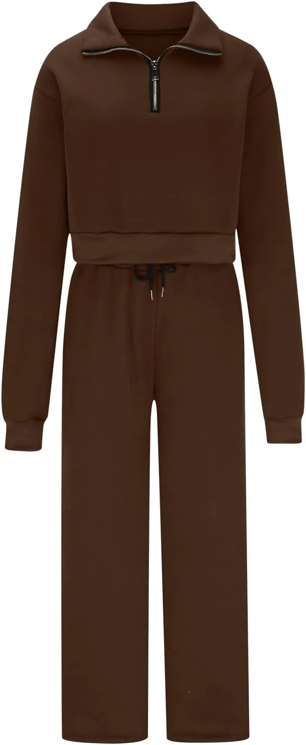 Women's 2 Piece Outfits Casual Lapel Half Zip Sweatshirts and Wide Leg Pants Tracksuit Sets Oversized Lounge Set 2025