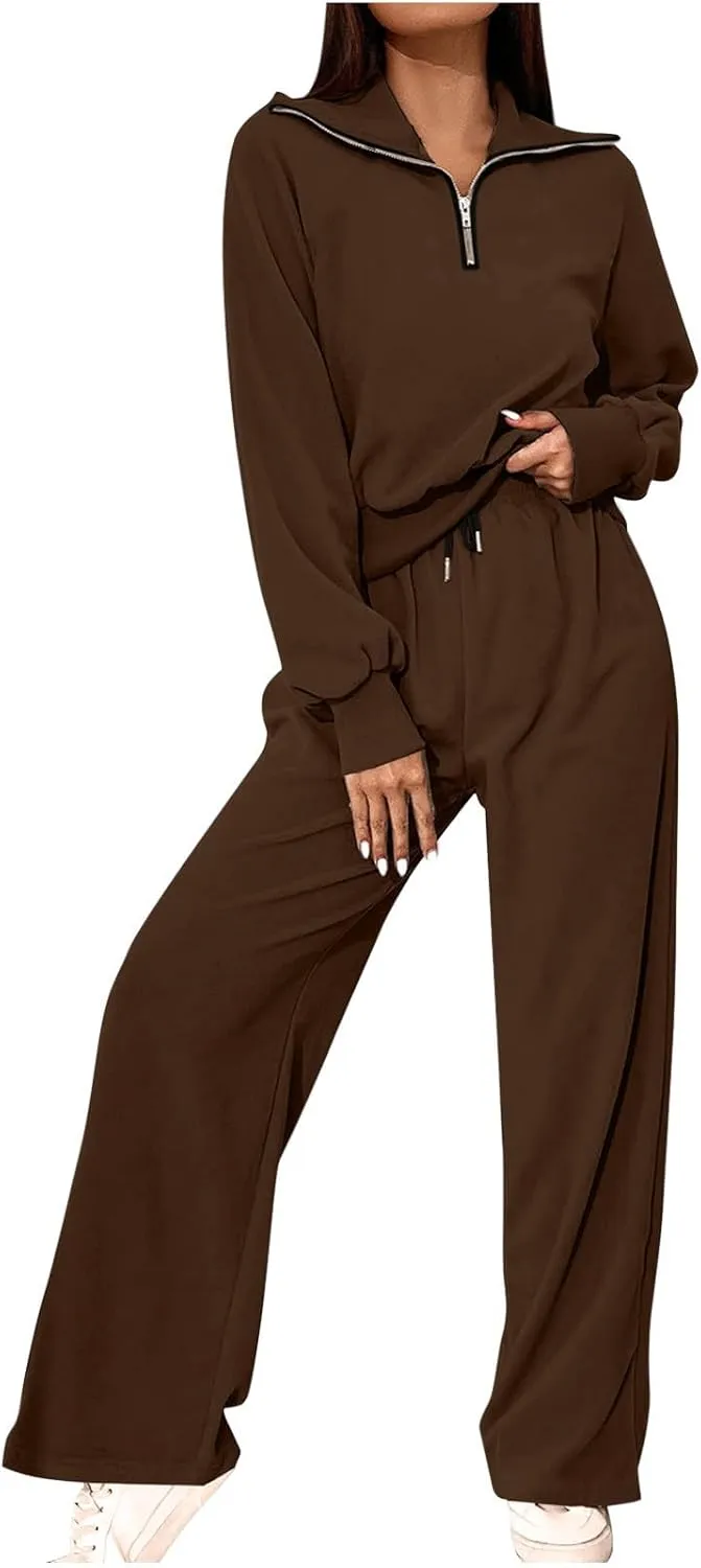 Women's 2 Piece Outfits Casual Lapel Half Zip Sweatshirts and Wide Leg Pants Tracksuit Sets Oversized Lounge Set 2025