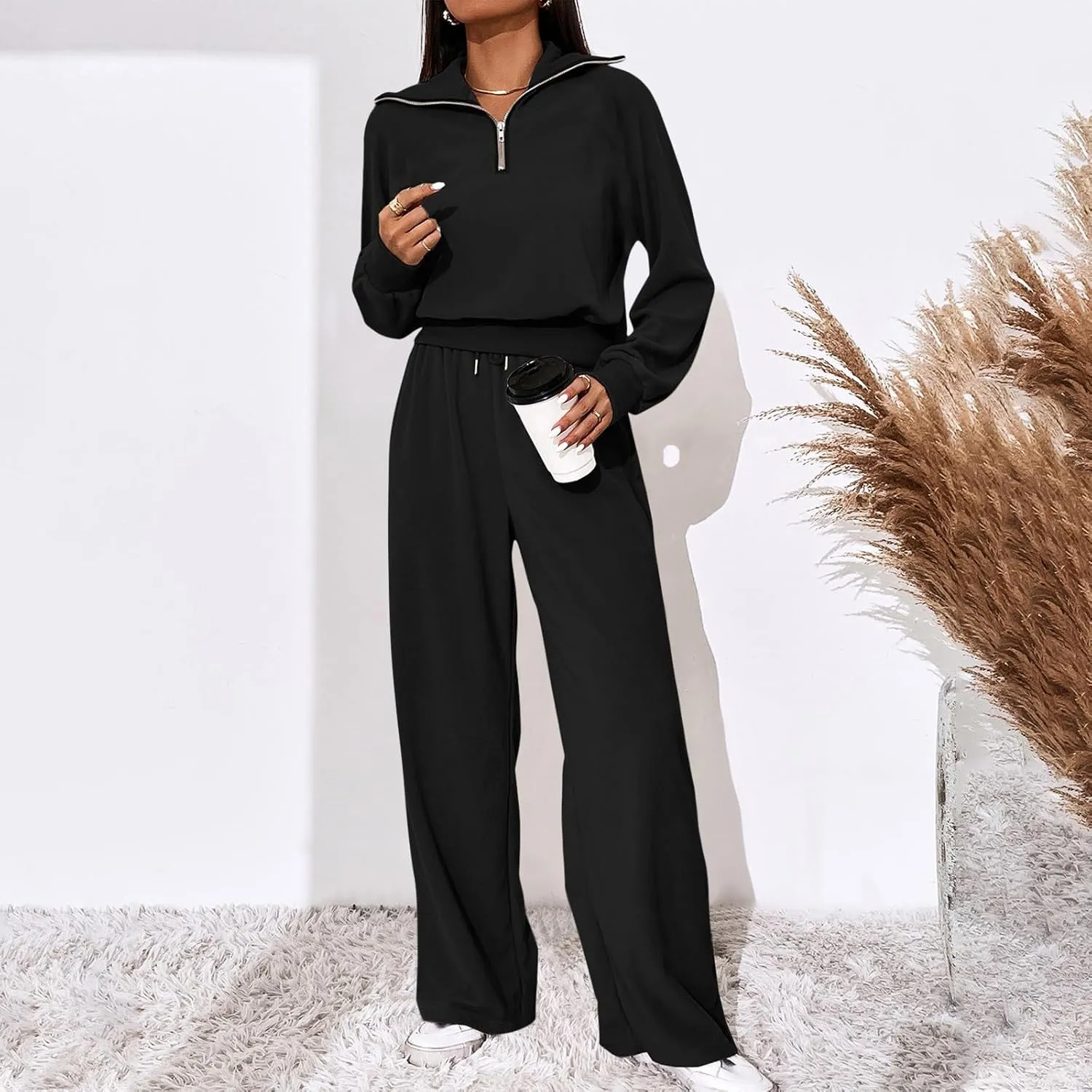 Women's 2 Piece Outfits Casual Lapel Half Zip Sweatshirts and Wide Leg Pants Tracksuit Sets Oversized Lounge Set 2025
