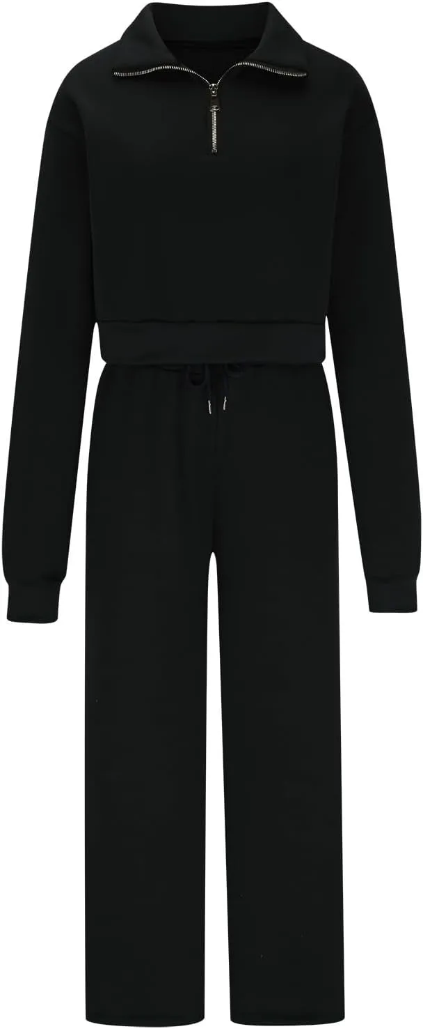 Women's 2 Piece Outfits Casual Lapel Half Zip Sweatshirts and Wide Leg Pants Tracksuit Sets Oversized Lounge Set 2025
