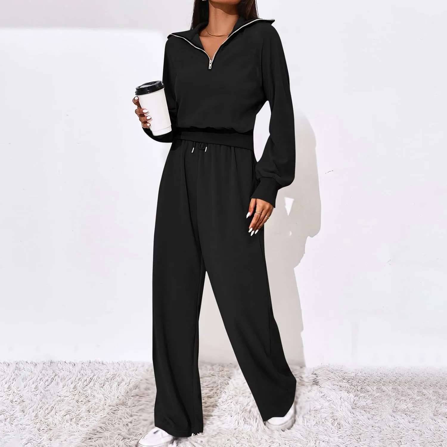 Women's 2 Piece Outfits Casual Lapel Half Zip Sweatshirts and Wide Leg Pants Tracksuit Sets Oversized Lounge Set 2025