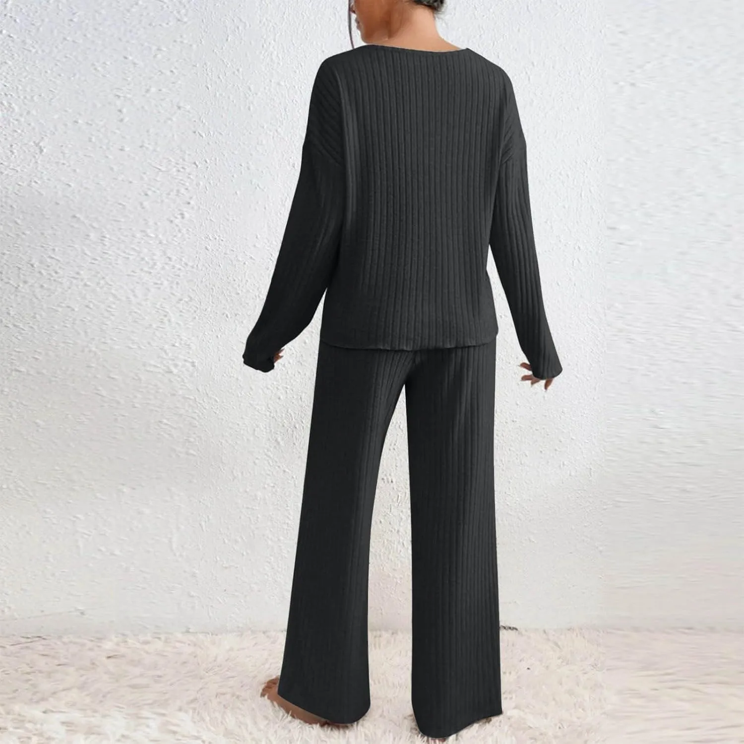 Women's 2 Piece Outfits Long Sleeve V Neck Knit Pullover Tops and Wide Leg Pant Lounge Set Sweater Sets 2025 Spring