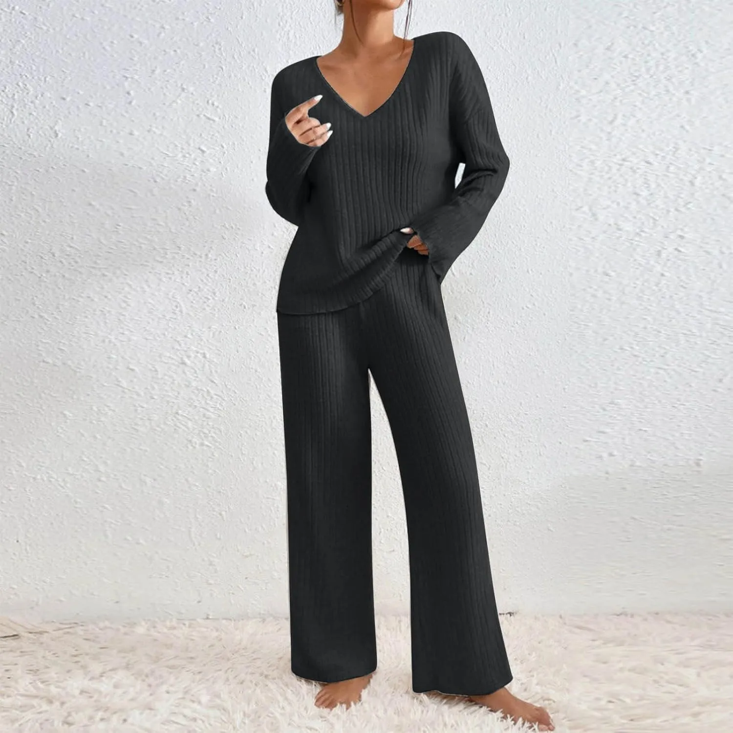Women's 2 Piece Outfits Long Sleeve V Neck Knit Pullover Tops and Wide Leg Pant Lounge Set Sweater Sets 2025 Spring