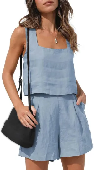 Womens 2 Piece Outfits Summer Dressy Sleeveless Crop Tank Tops and Lounge Shorts Matching Linen Sets