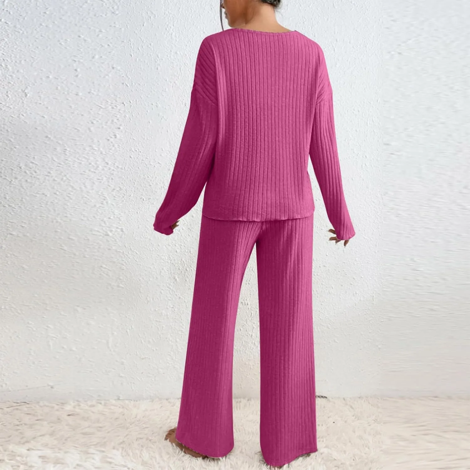 Women's 2 Piece Outfits Sweater Lounge Sets Long Sleeve V Neck Comfy Soft Tops Wide Leg Pants Matching Sets