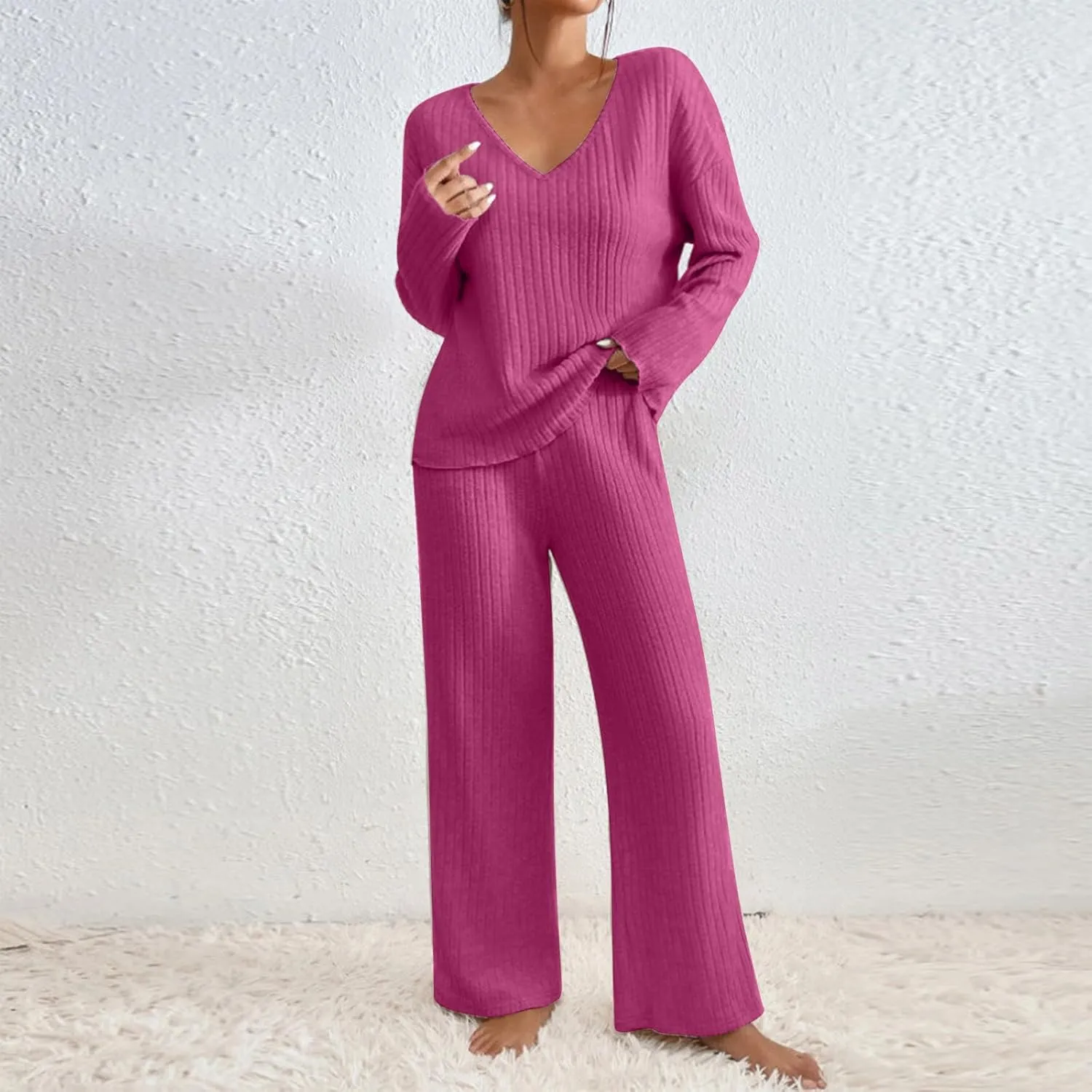 Women's 2 Piece Outfits Sweater Lounge Sets Long Sleeve V Neck Comfy Soft Tops Wide Leg Pants Matching Sets
