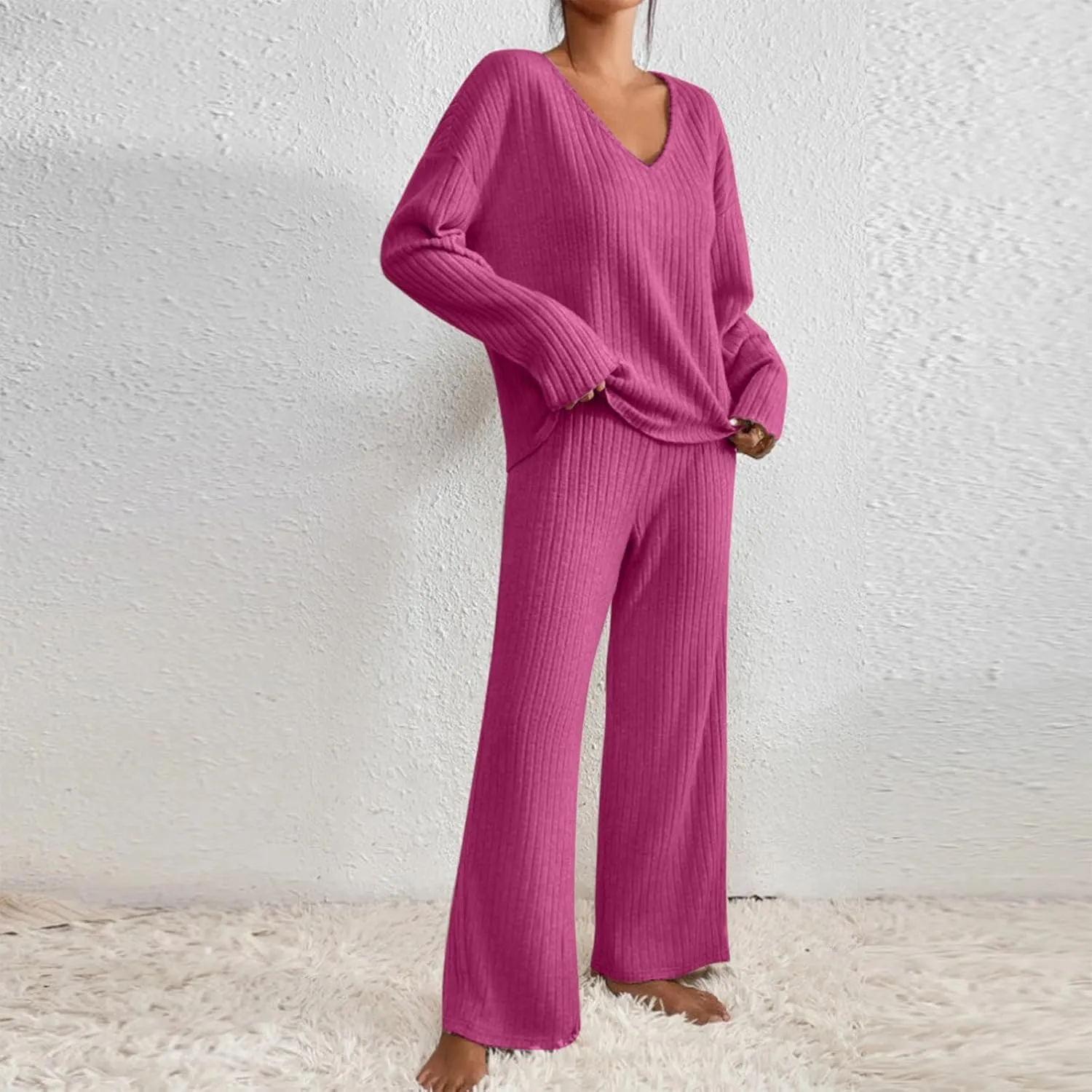 Women's 2 Piece Outfits Sweater Lounge Sets Long Sleeve V Neck Comfy Soft Tops Wide Leg Pants Matching Sets