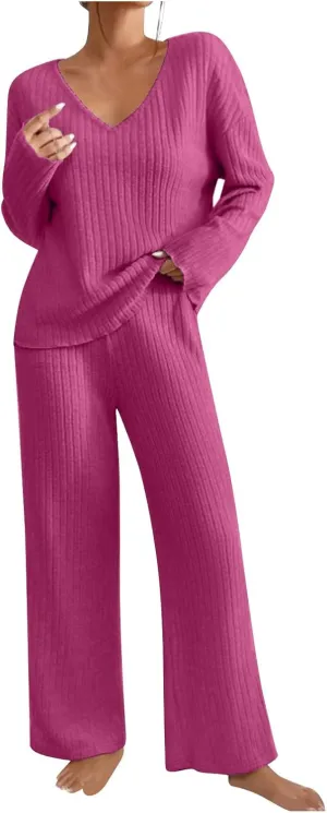 Women's 2 Piece Outfits Sweater Lounge Sets Long Sleeve V Neck Comfy Soft Tops Wide Leg Pants Matching Sets