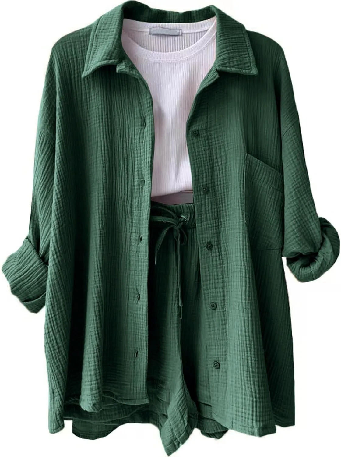 Womens 2 Piece Set Summer Linen Long Sleeve Button Shirt Drawstring Shorts Outfits Casual Breathable Beach Tracksuit