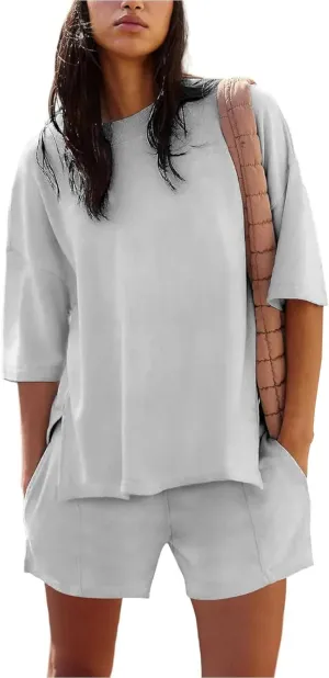 Womens 2 Piece Sets Summer Outfits Half Sleeve Crew Neck Shirts Baggy Shorts Cute Matching Sets Clothing